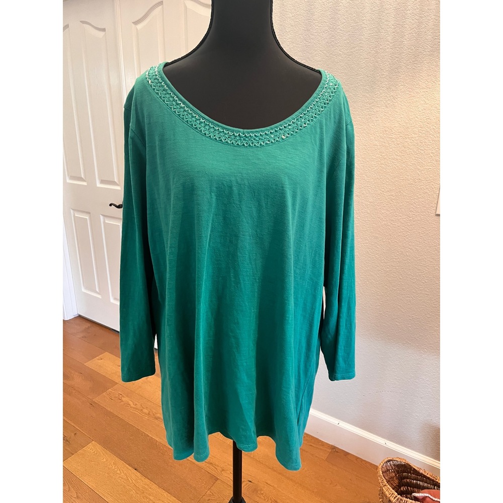 Coldwater Creek Top Womens 2X Teal EUC Embroidered Scoop Neck 3/4 Sleeve Cotton
